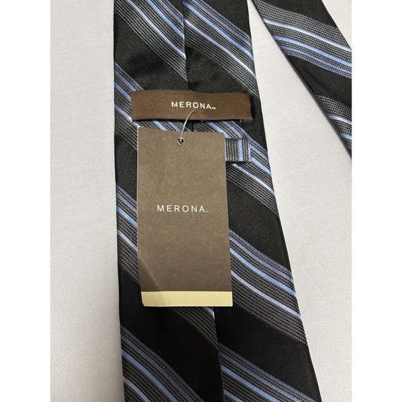 Merona Men's 100% Silk TieBlack Blue Stripe Business Corporate Preppy Academia - Picture 4 of 7